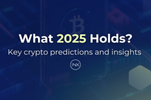 Digital graphic with the title 'What 2025 Holds? Key crypto predictions and insights' featuring a Bitcoin symbol in the background, emphasizing INX's vision and forecasts for the future of crypto and blockchain